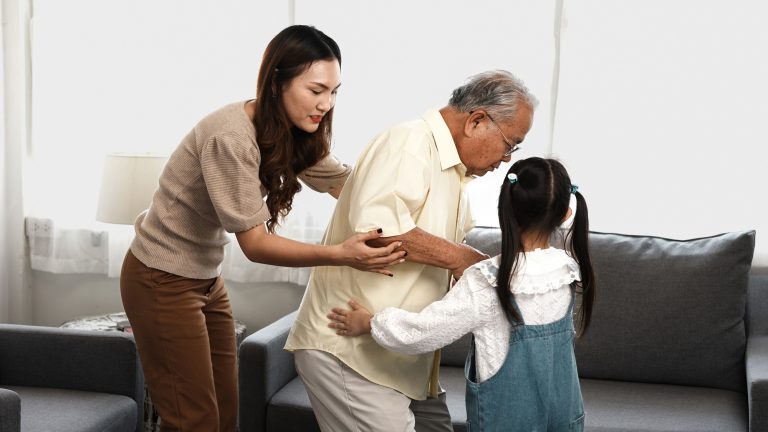 Asian family, Daughter and granddaughter take care support senior