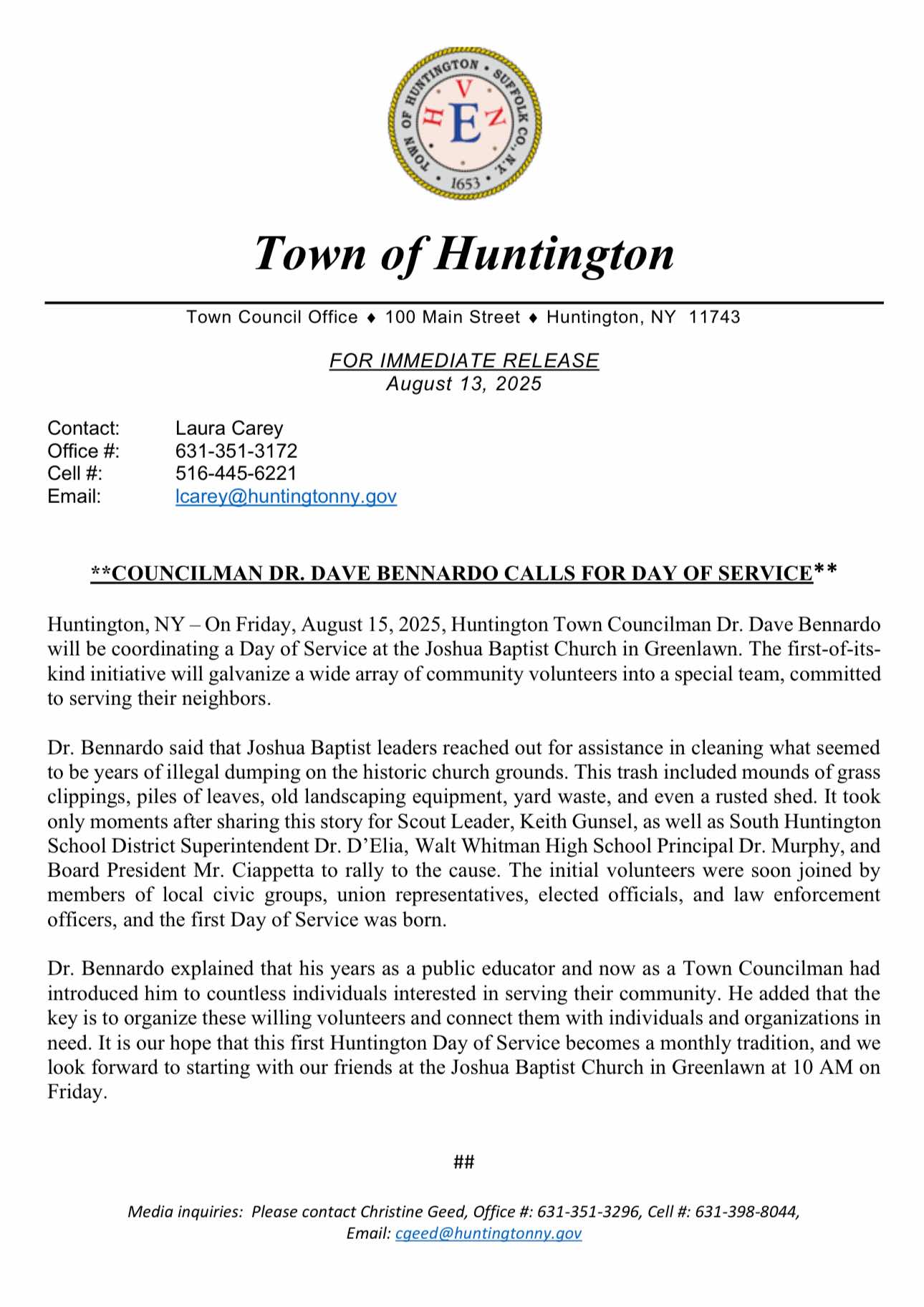 VOLUNTEERS NEEDED: Councilman Dr. Dave Bennardo Calls For DAY OF SERVICE
