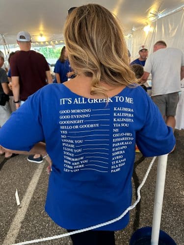 Greek Fest St. Paraskevi - Back of the t-shirt the volunteers wore "It's All Greek To Me" with english to Greek translations.
