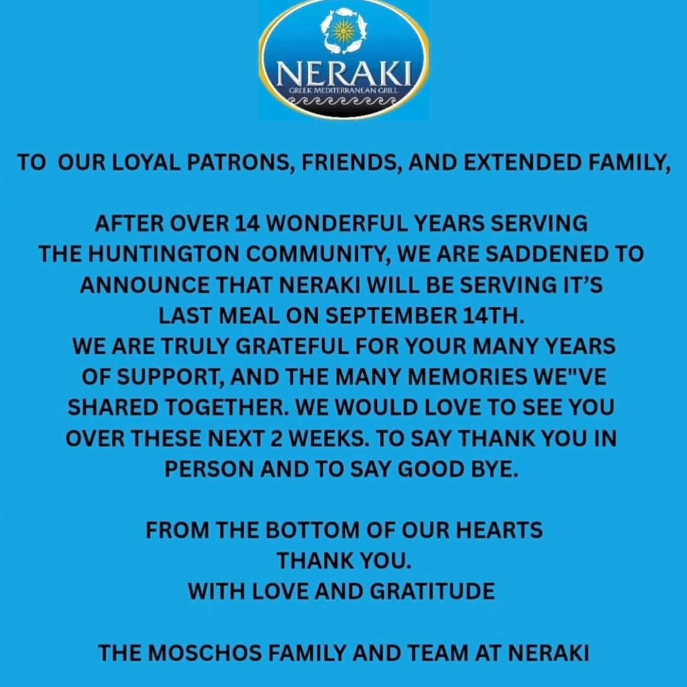 Neraki Greek Mediterranean Grill Announces Closure on September 14th Annoucement