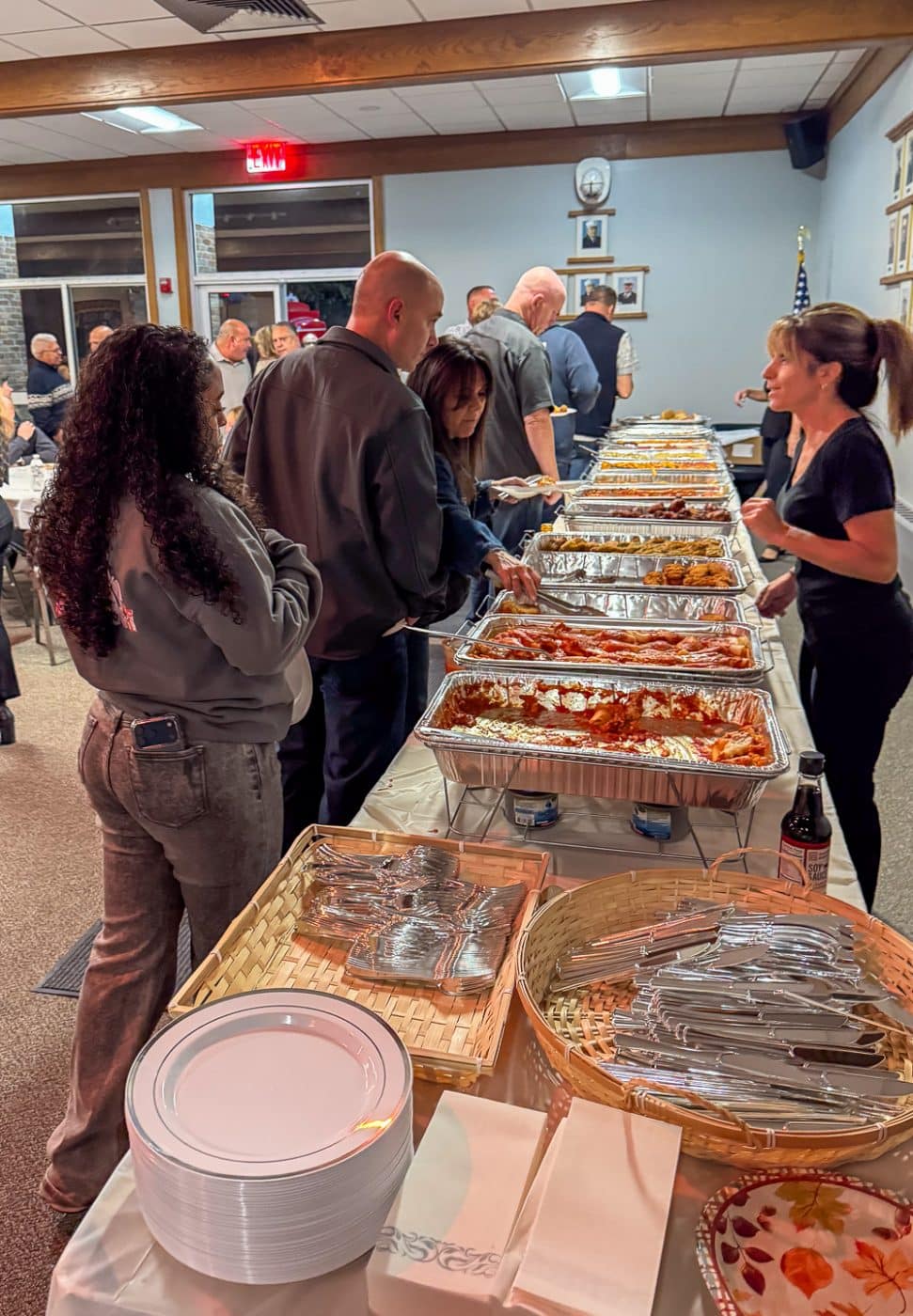 Buffet with dozens of trays of food donated from local businesses. Sorrentino Turkey Fundraiser 2025