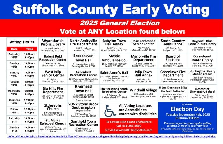 Suffolk County Election 2025 Early Voting schedule