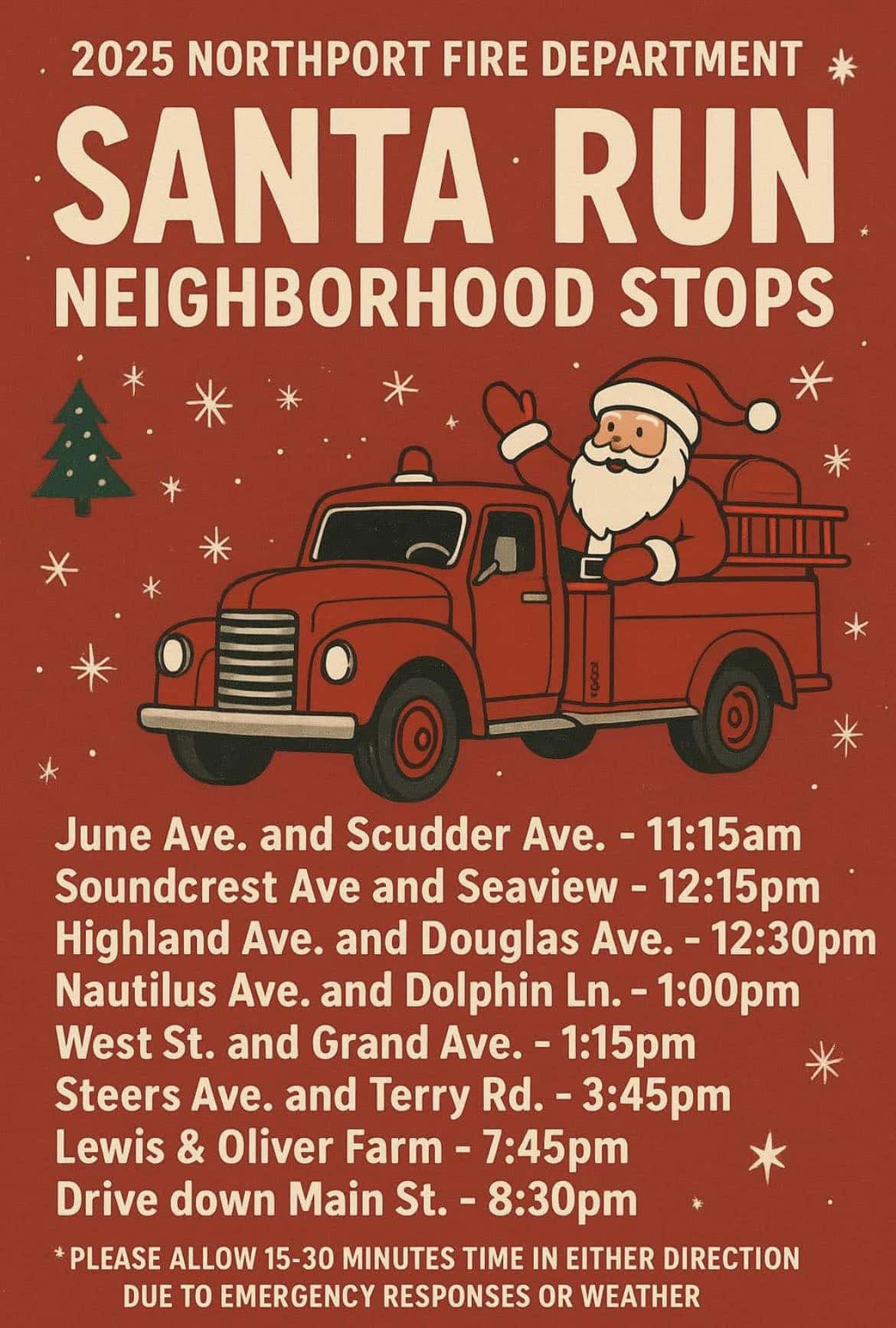 Northport Fire Department Escorts Santa through the Town - Free