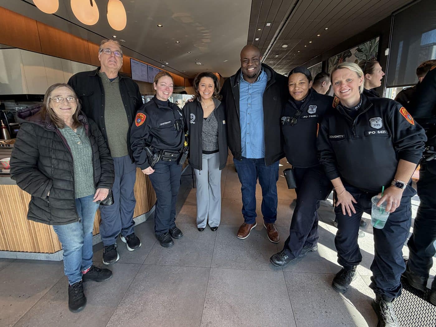 Community Leaders and Town Official together with Suffolk County Police Department 2nd Precinct COPE Officers - Welcoming Inspector Markus Rivera at Coffee With A Cop