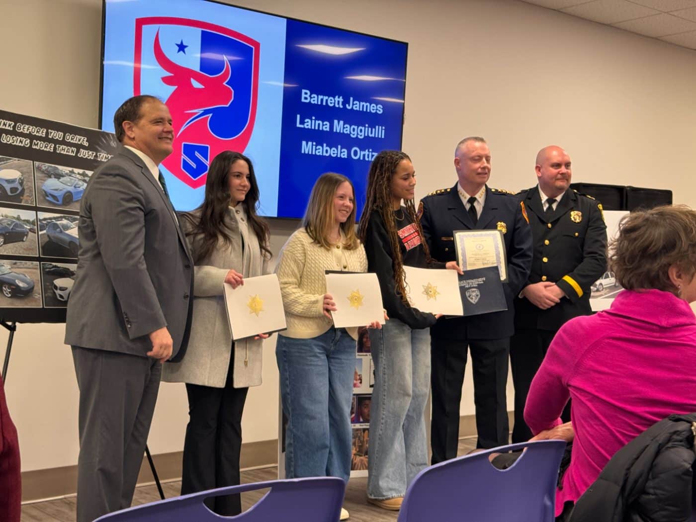 Suffolk County District Attorney Ray Tierney, Suffolk County Police Department Chief William Doherty and Suffolk County Undersheriff John Becker present Proclamation Awards to Smithtown High School East students Barrett James, Laina Maggiulli, and Miabela Ortiz. Law Enforcement Community Advisory Board Meeting