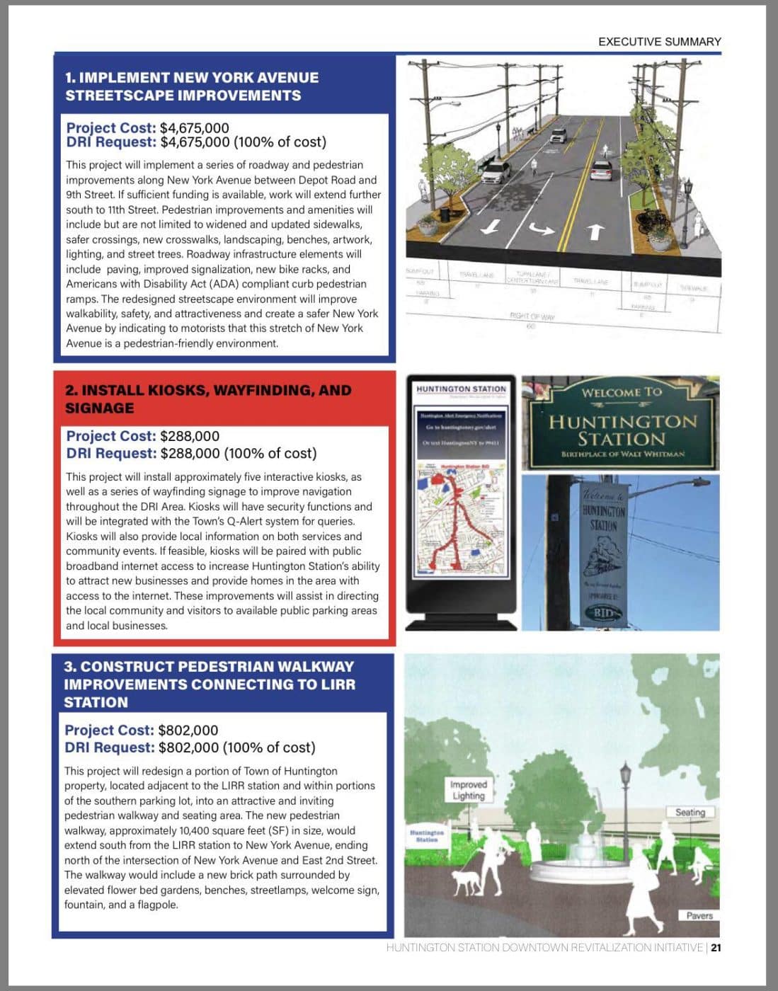 Huntington Station's NYS Downtown Revitalization Initiative Grant Streetscapes project application details from March 2023. Huntington Matters Weekly Update Episode 3