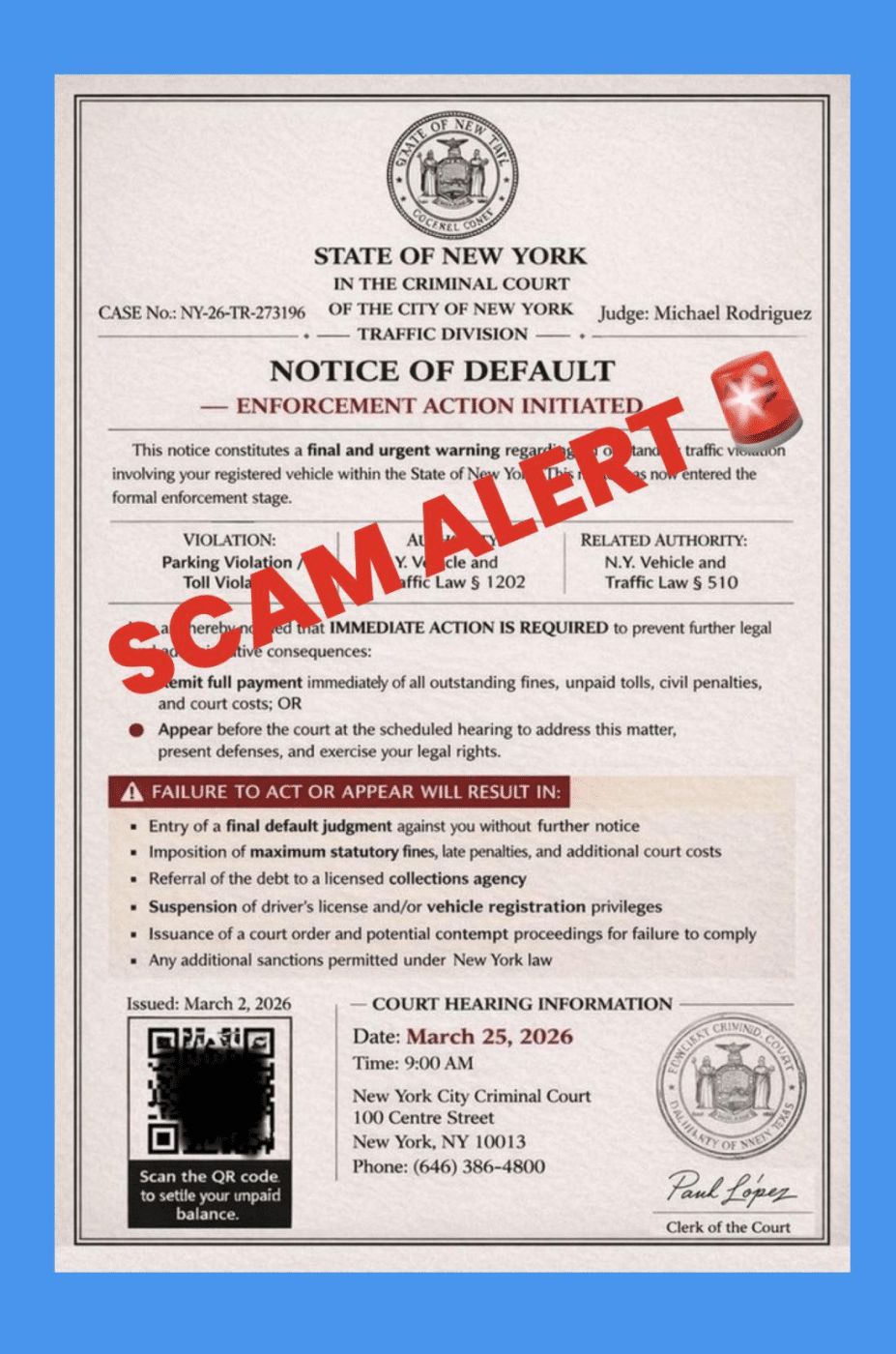 Scam Alert Fake NYS Criminal Court Ticket Letter with QR Code. Huntington Matters Weekly Update Episode 3