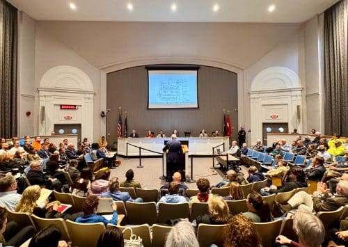 Rear view of Auditorium. Melville Crossing Public Hearing Draws Strong Reactions