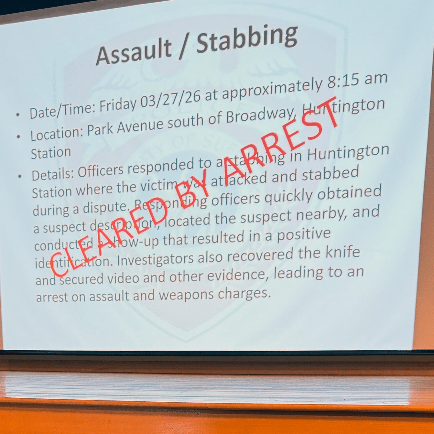 Park Avenue - Assault / Stabbing. April 2026 Suffolk County Police Department 2nd Precinct Community Meeting