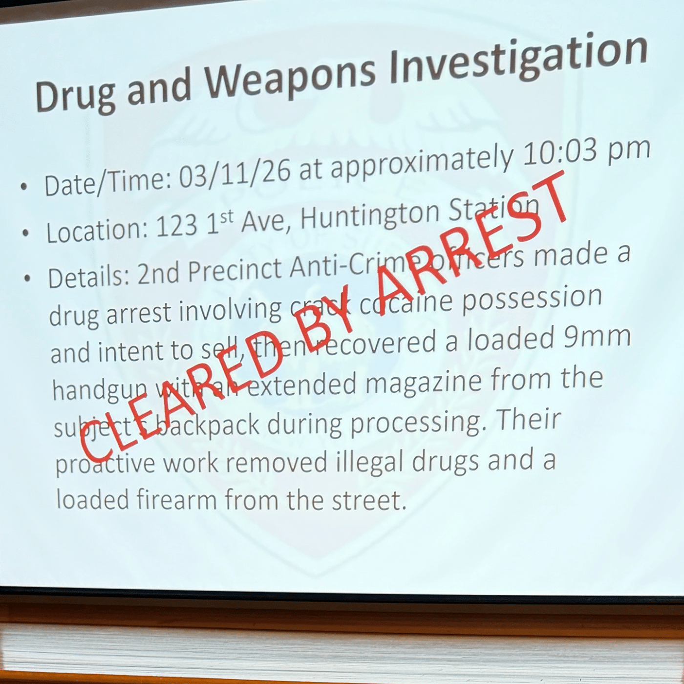 1st Avenue - Drug and Weapons Investigation. April 2026 Suffolk County Police Department 2nd Precinct Community Meeting