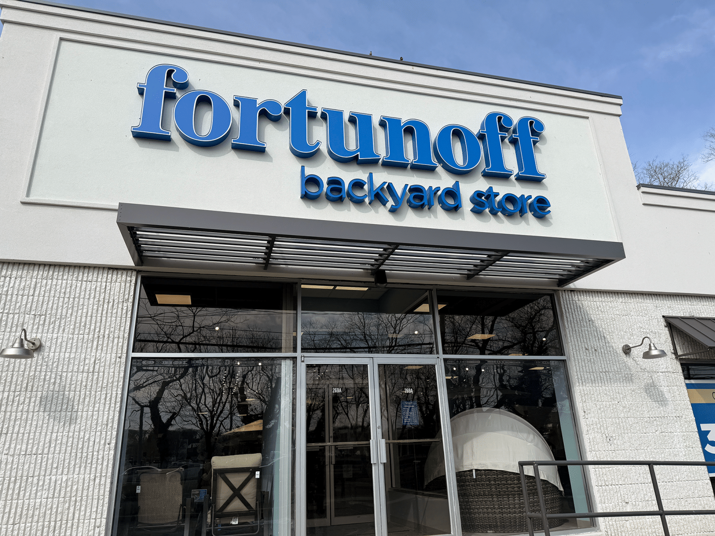 Outside of the building. Fortunoff Backyard Store Opens in Huntington Station, Taking Over Former Sam Ash