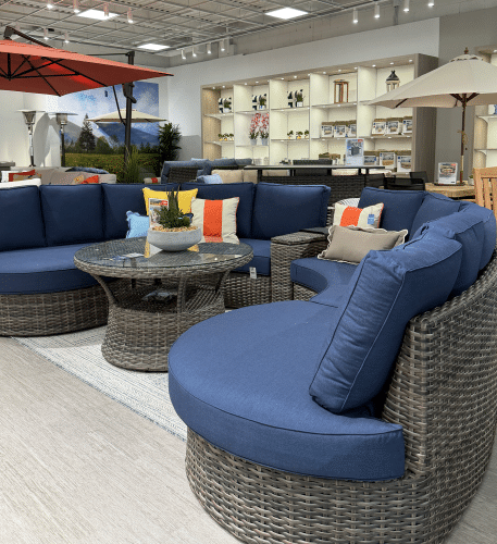 Outdoor furniture, umbrellas and accessories displays. Fortunoff Backyard Store Opens in Huntington Station, Taking Over Former Sam Ash