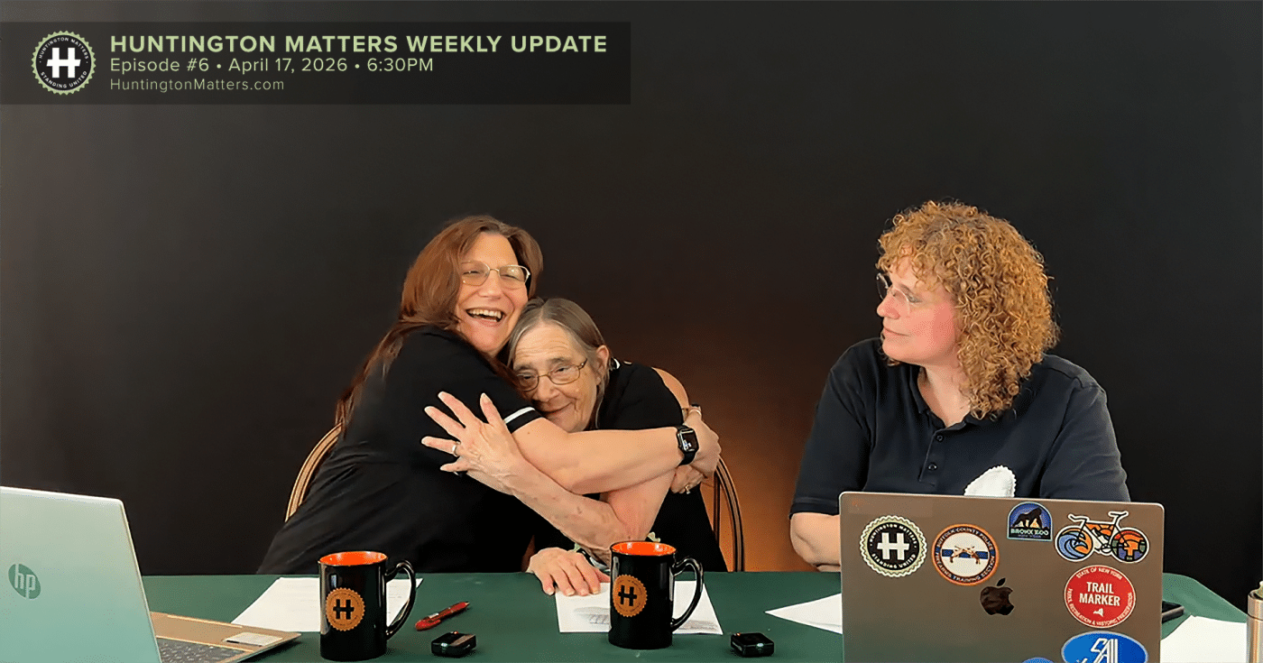 June Margolin hugging Diane Schaber with Dana Richter looking on. Huntington Matters Weekly Update: E-Bike Safety Concerns, Daycare Investigation, Local Events & Community Updates