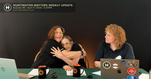 June Margolin hugging Diane Schaber with Dana Richter looking on. Huntington Matters Weekly Update: E-Bike Safety Concerns, Daycare Investigation, Local Events & Community Updates