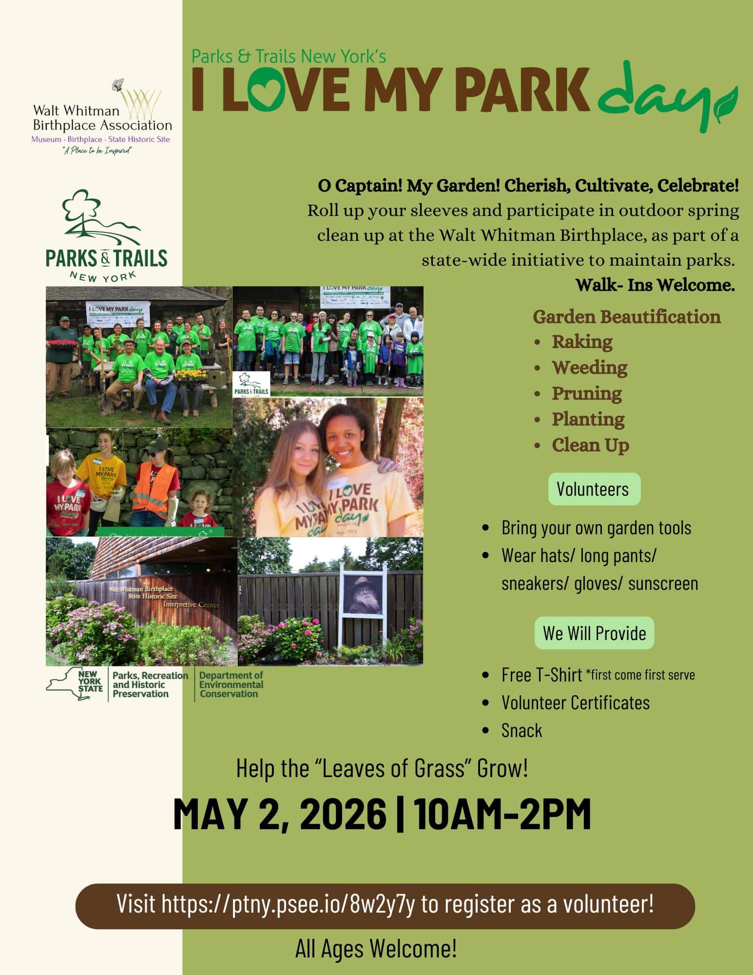 I love My Park Day - Walt Whitman Birthplace Association Clean up Day - Free