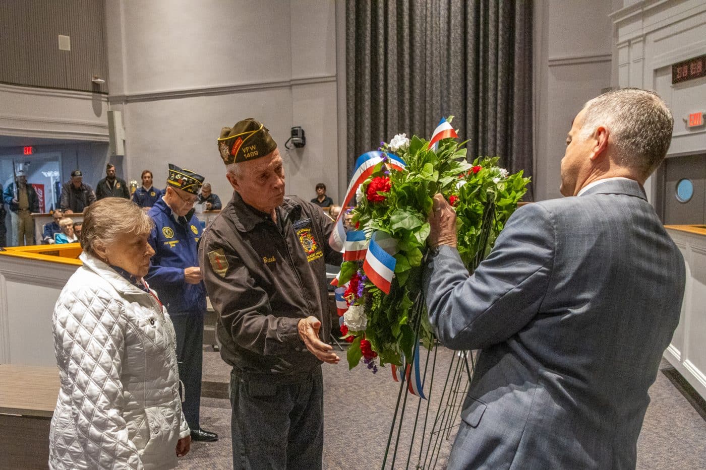 Constance Mangano, Gold Star Mother of New York Army National Guard Specialist Anthony L. Mangano; Huntington Veterans Advisory Board Chairman James Porciello and Albert (Butch) Jensen, Nathan Hale VFW. Town of Huntington Holds Annual Memorial Day Wreath Laying Ceremony