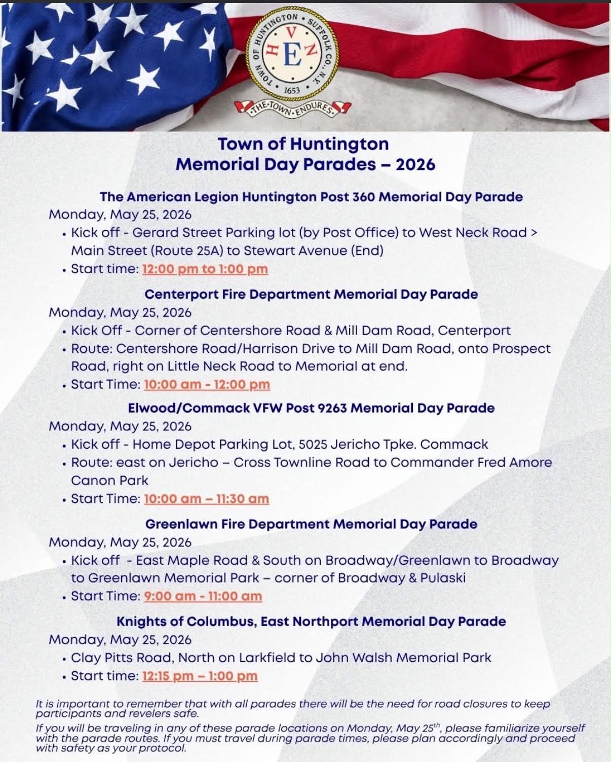 Memorial Day Parades in the Town of Huntington 2026