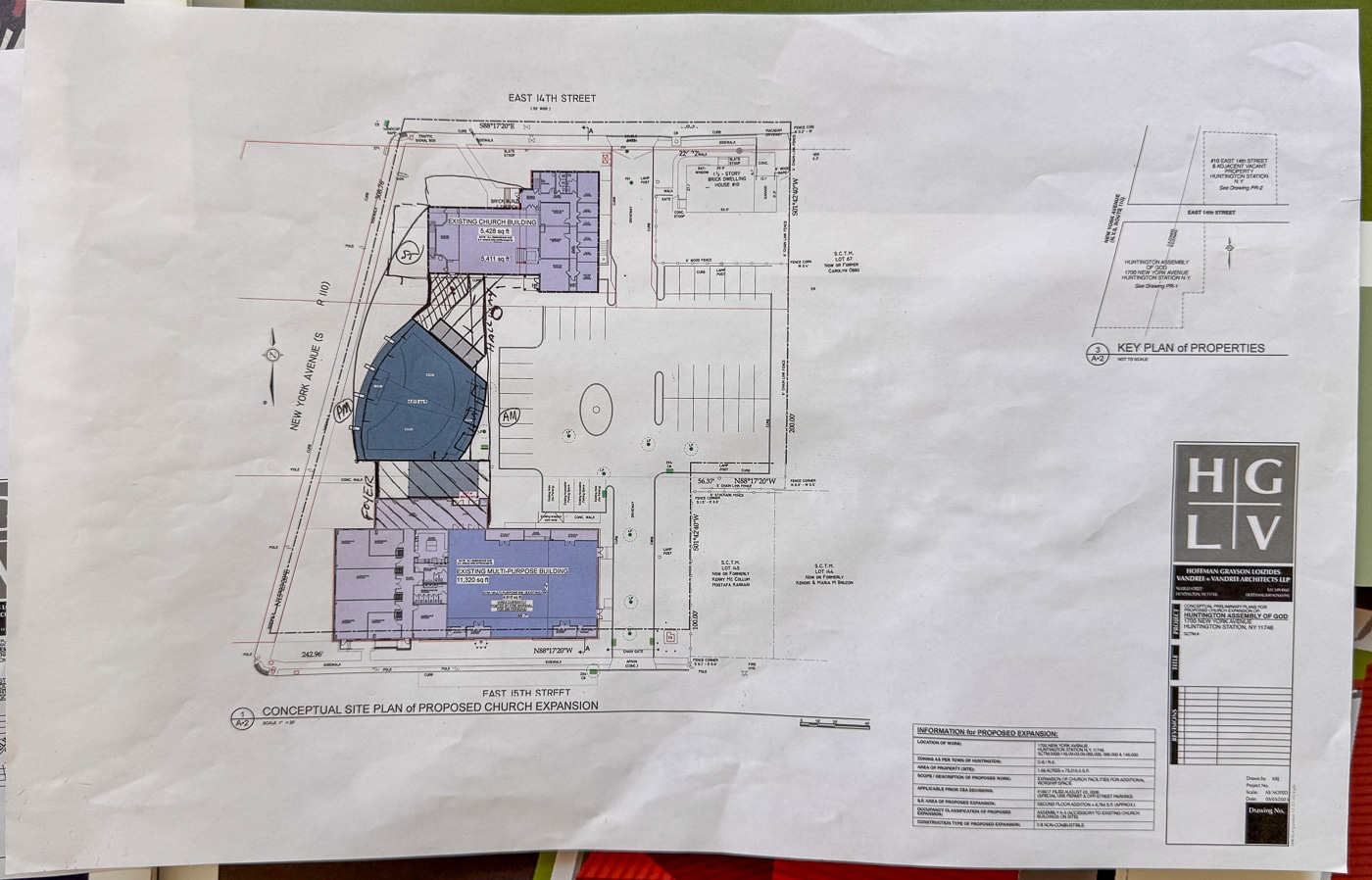 Huntington Assembly church expansion site plan. The new building (blue) connects their 2 existing buildings (purple) together with expanded Sanctuary space allowing for more community outreach programs. Huntington Assembly Centennial Gala Supports Expanded Community Services