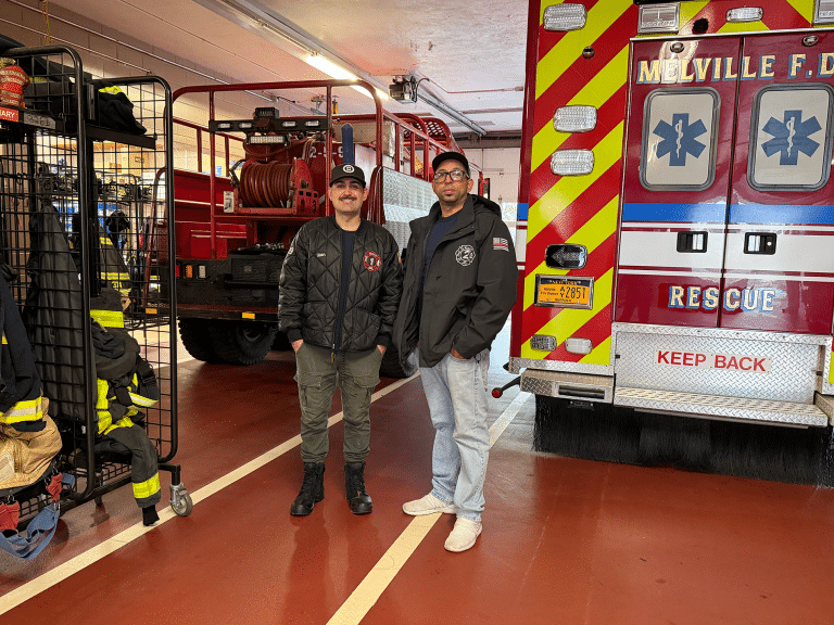 Firefighter Chad Maier, 28 and Firefighter Ramon Santana, 38 - Melville Fire Department. A Community Within the Community: The Volunteer Firefighters and EMTs of Huntington