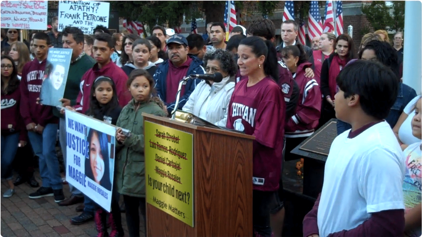 October 21, 2014 Mary Beth Kraese - a founder of Huntington Matters - surrounded by loved ones of the 4 murdered victims addressing over 500 angry residents gathered at the Maggie Matters - They All Matter rally at Huntington Town Hall demanding action from local officials and police to address the pervasive violent crime in Huntington Station. The Hidden Final Chapter of Sarah Strobel’s Murder Case