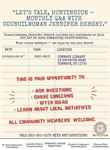 "Let's Talk, Huntington - Monthly Q&A with Councilwoman Jennifer Hebert" - free
