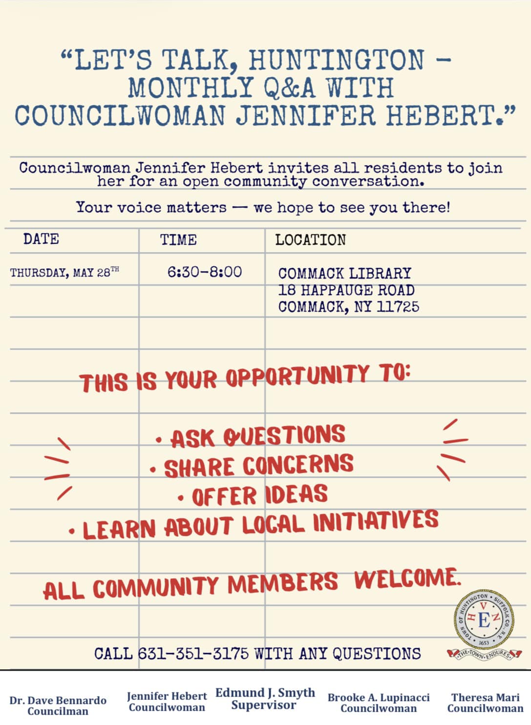 "Let's Talk, Huntington - Monthly Q&A with Councilwoman Jennifer Hebert" - free