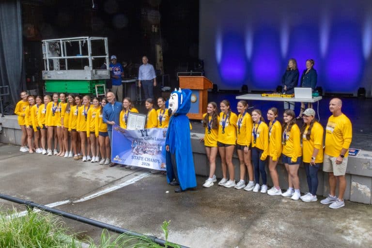 Huntington High School Blue Devils Varsity Girls Lacrosse Team New York State Champions with New York State Assemblyman Steve Stern (blue shirt). Photo Stories: Huntington Celebrates Blue Devils Girls Lacrosse State Champions