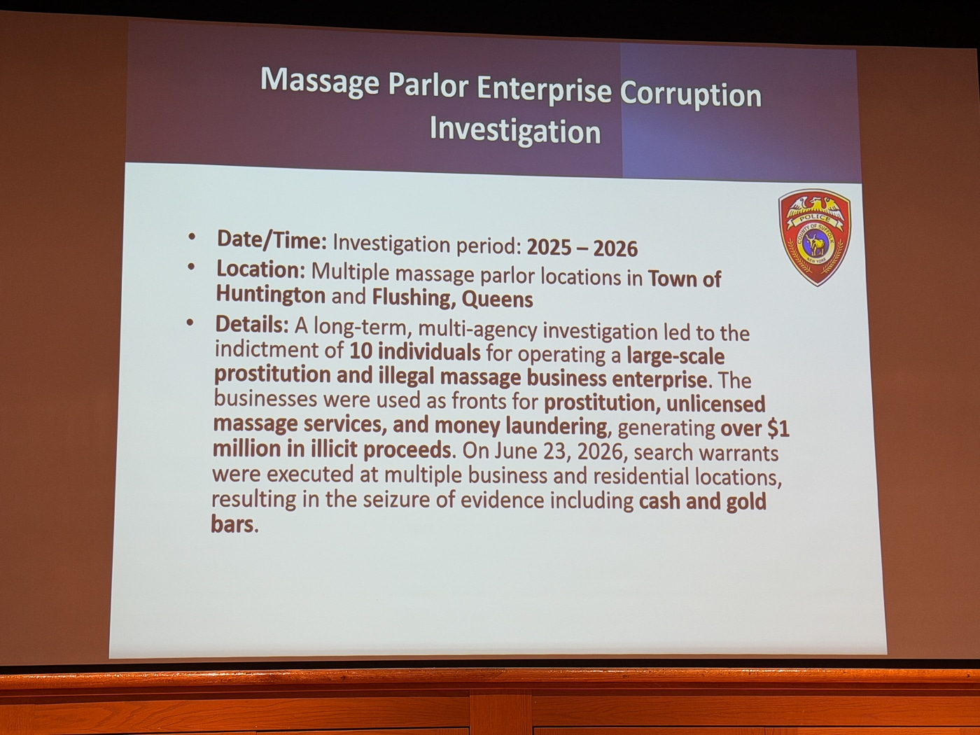Massage Parlor Enterprise Corruption Investigation. Illegal Massage Business Enterprise Dismantled: July 2026 Suffolk County Police Department 2nd Precinct Community Meeting
