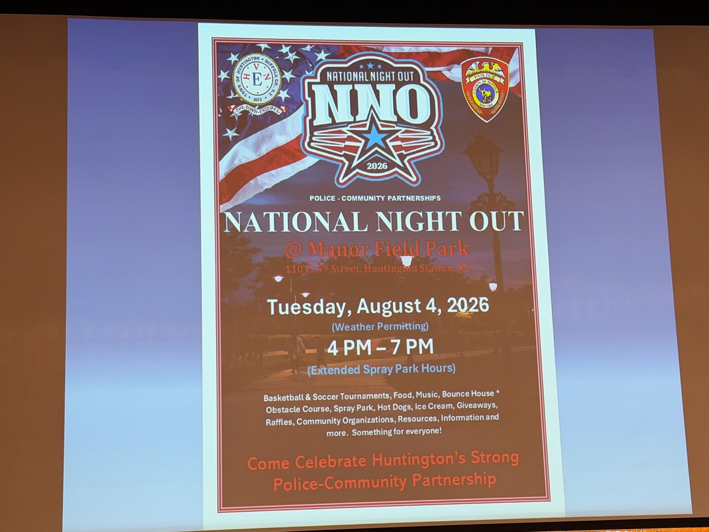 National Night Out flyer. Illegal Massage Business Enterprise Dismantled: July 2026 Suffolk County Police Department 2nd Precinct Community Meeting