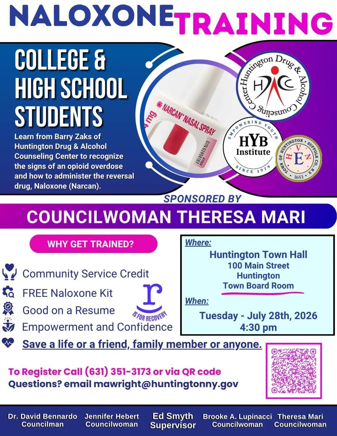 Town of Huntington Offers Free Naloxone Training for Students