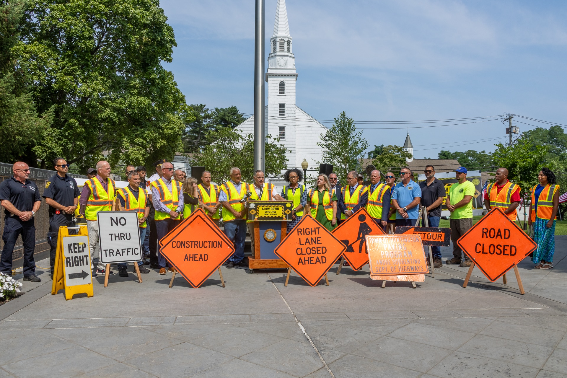 Town Supervisor Ed Smyth stood alongside Highway Superintendent Andre Sorrentino, Suffolk County Legislator Tom Donnelly, Councilwoman Brooke Lupinacci, Councilwoman Jen Hebert, Receiver of Taxes Jillian Guthman, Town Clerk Andrew Raia, Director of Public Safety Officer Chris Lau, and Suffolk County Police Department 2nd Precinct Inspector Marcus Rivera along with many others to underscore a simple but urgent theme - Slow Down, Drive Sober and Pay Attention. Huntington Officials Urge Work Zone Safety - Demand Action on Drugged Driving Laws