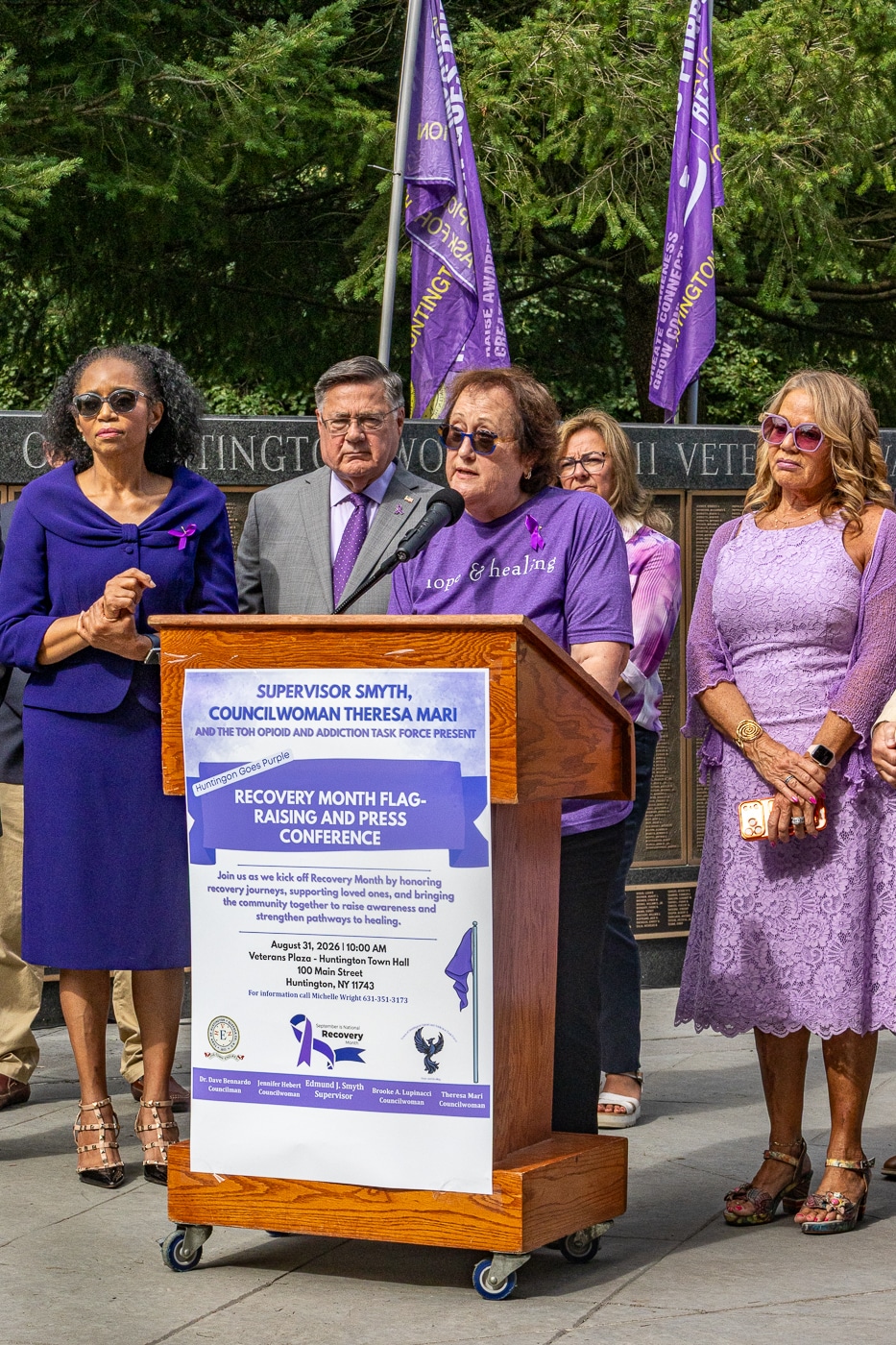 Huntington Receiver of Taxes Jillian Guthman, Suffolk County Executive Ed Romaine, Co-Chair Mary Silberstein - Huntington Opioid and Addiction Task Force with Councilwoman Theresa Mari. Huntington ‘Goes Purple’ to Kick Off National Recovery Month, Raising Flag of Hope and Remembrance
