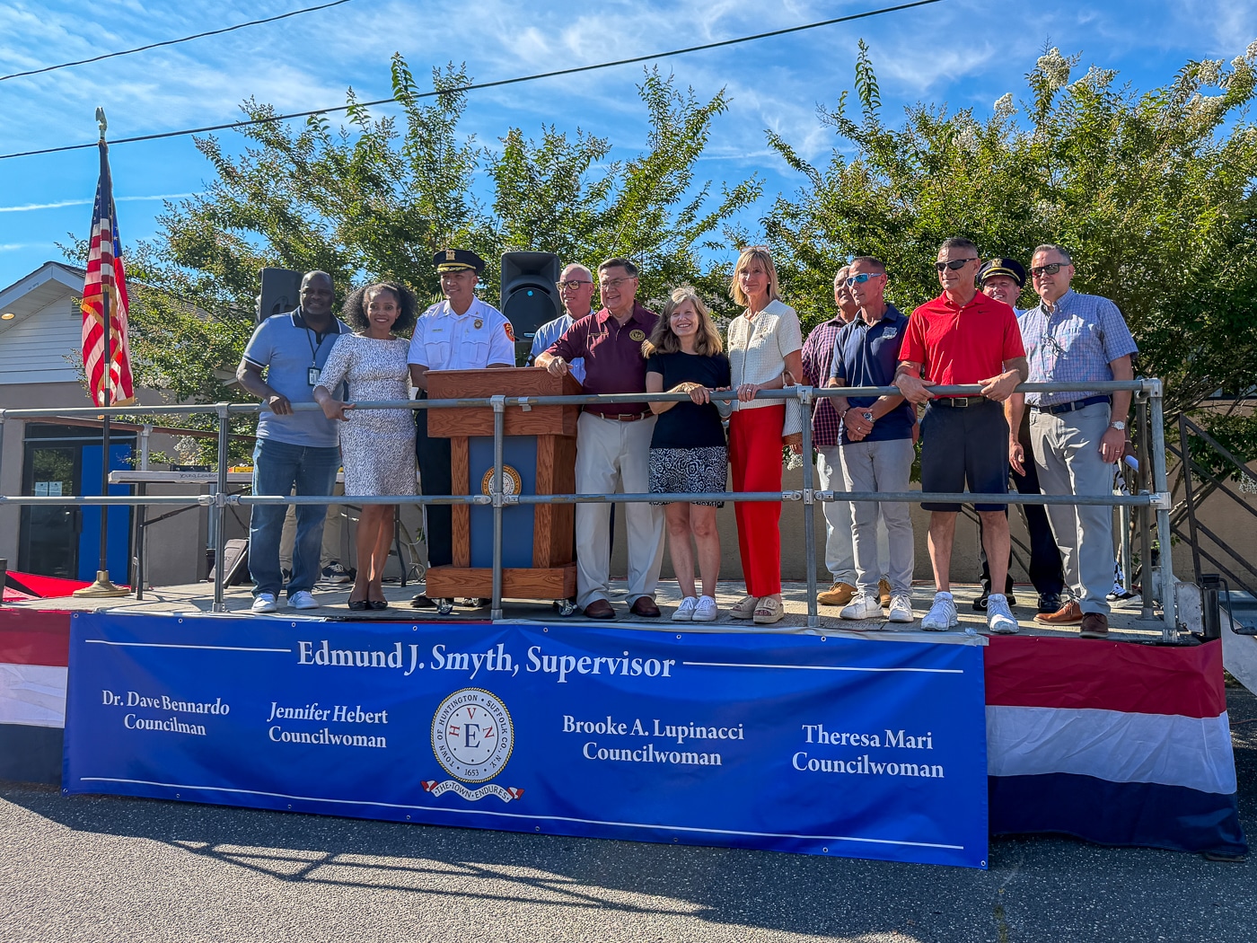 Kevin Thorbourne - Town of Huntington Director of Human Services, Jillian Guthman - Receiver of Taxes, Suffolk County Police Department 2nd Precinct Inspector Markus Rivera, County Legislator Tom Donnelly, Suffolk County Executive Frank Romaine, Huntington Town Councilwoman Jen Hebert, County Legislator Stephanie Bontempi, Huntington Highway Superintendent Andre Sorrentino, Police Commissioner Frank Catalina, Huntington Councilman Dr. Dave Bennardo, 2nd Precinct Deputy Inspector Steven Rohde and Huntington Deputy Supervisor John McCarron. National Night Out Brings the Huntington Community Together at Manor Field Park
