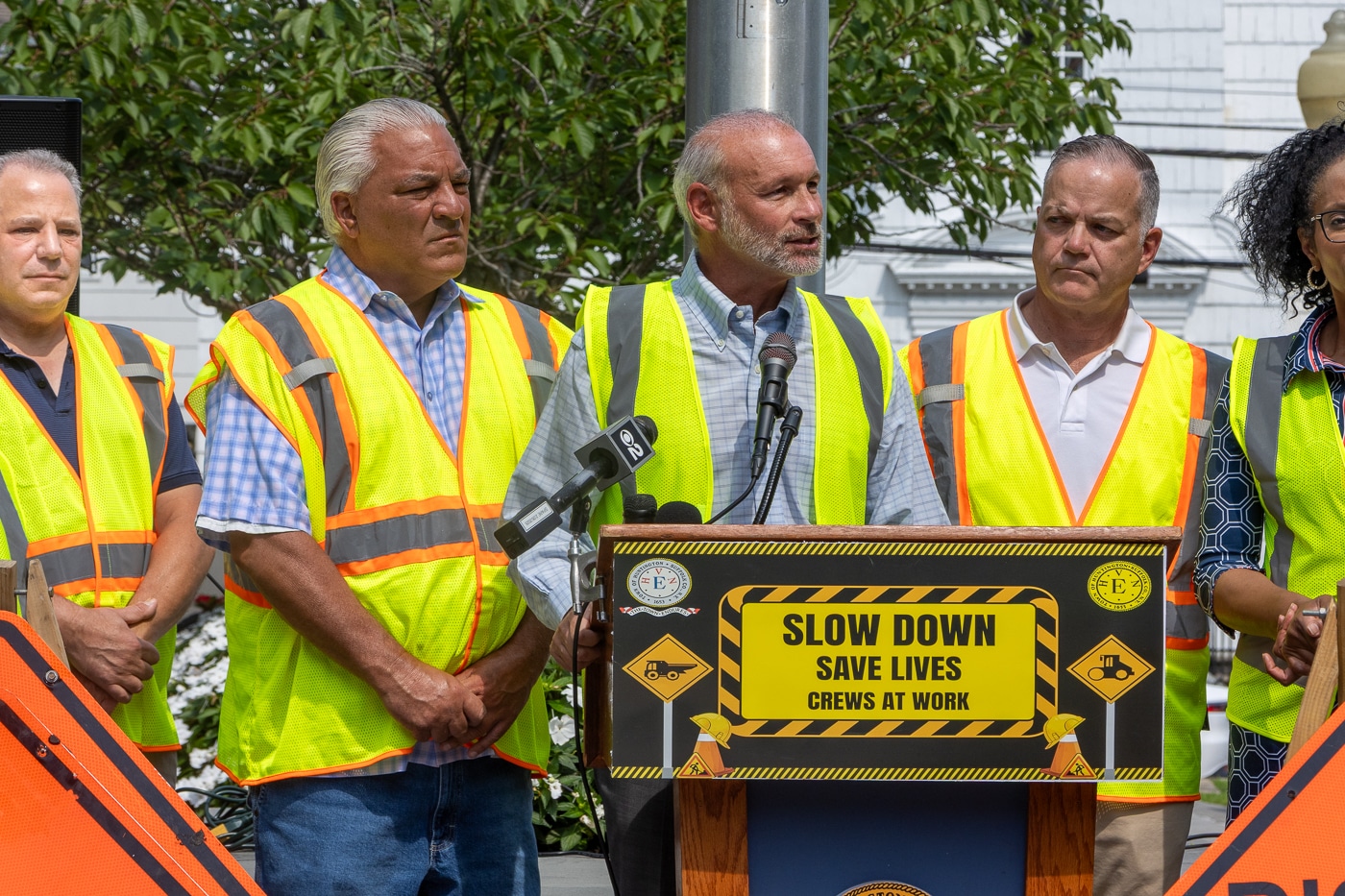 NYS Assemblyman Steve Stern "Drunk and drugged driving is a choice. These are not accidents. They are horrific and horrendous choices that are made." with Huntington Town Clerk Andrew Raia, Superintendent of Highways Andre Sorrentino, Supervisor Ed Smyth. Huntington Officials Urge Work Zone Safety - Demand Action on Drugged Driving Laws