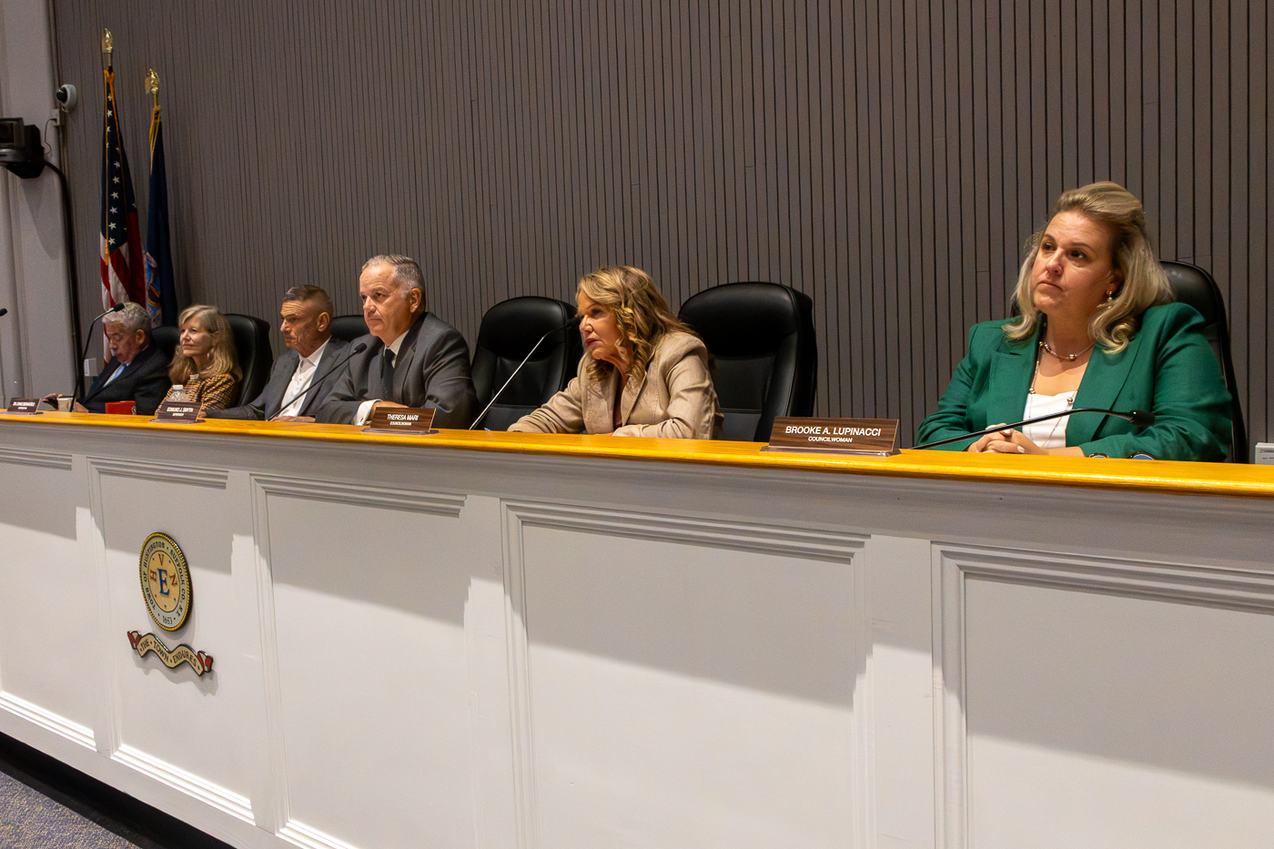 Town Attorney J. Edward Gathman, Jr., Councilwoman Jennifer Hebert, Councilman Dr. Dave Bennardo, Supervisor Ed Smyth, Councilwomen Theresa Mari and Brooke Lupinacci. Huntington Town Board Tackles Six Hearings, Tax Cap Override