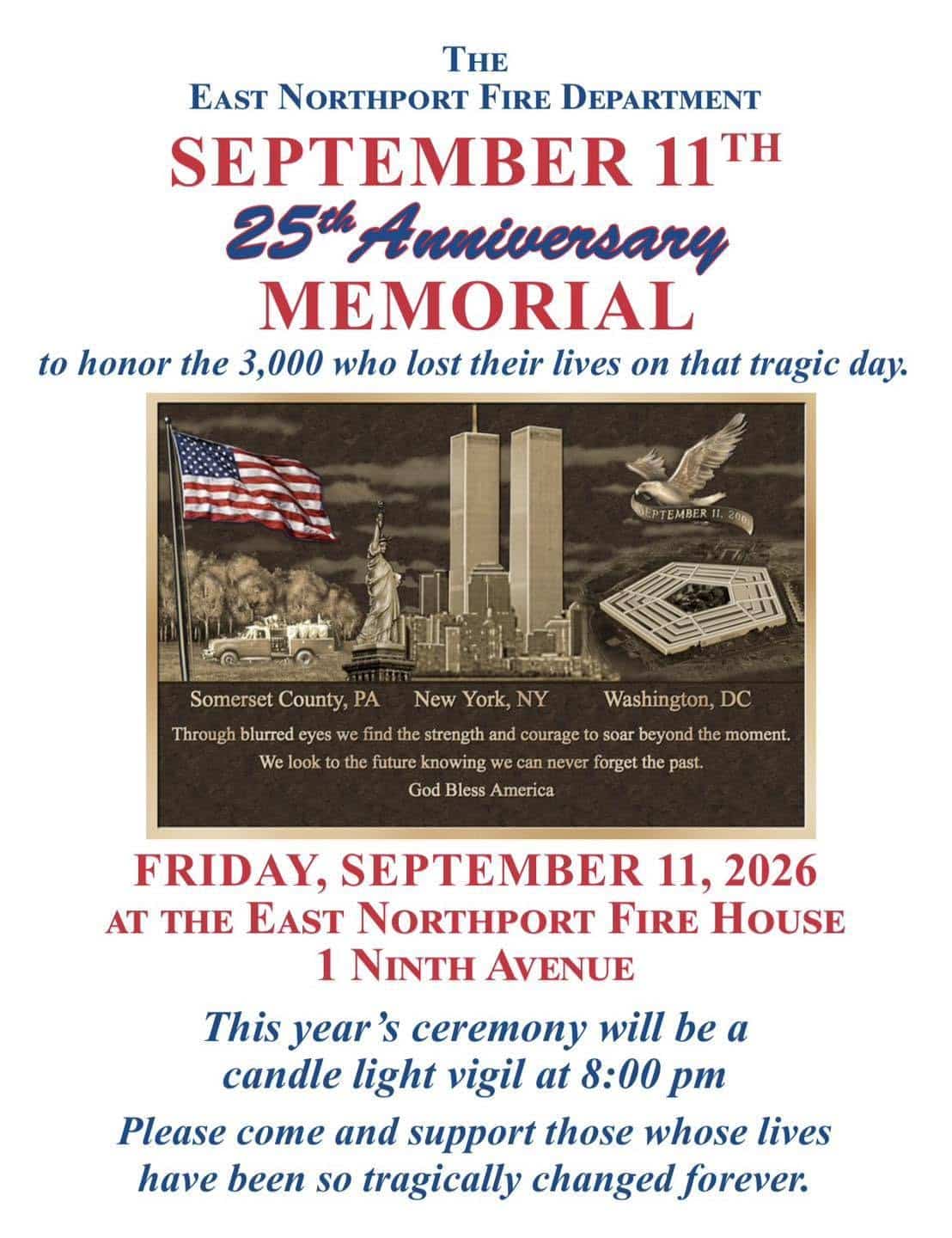East Northport Fire Department 25th Anniversary 9/11 Candlelight Vigil – Free