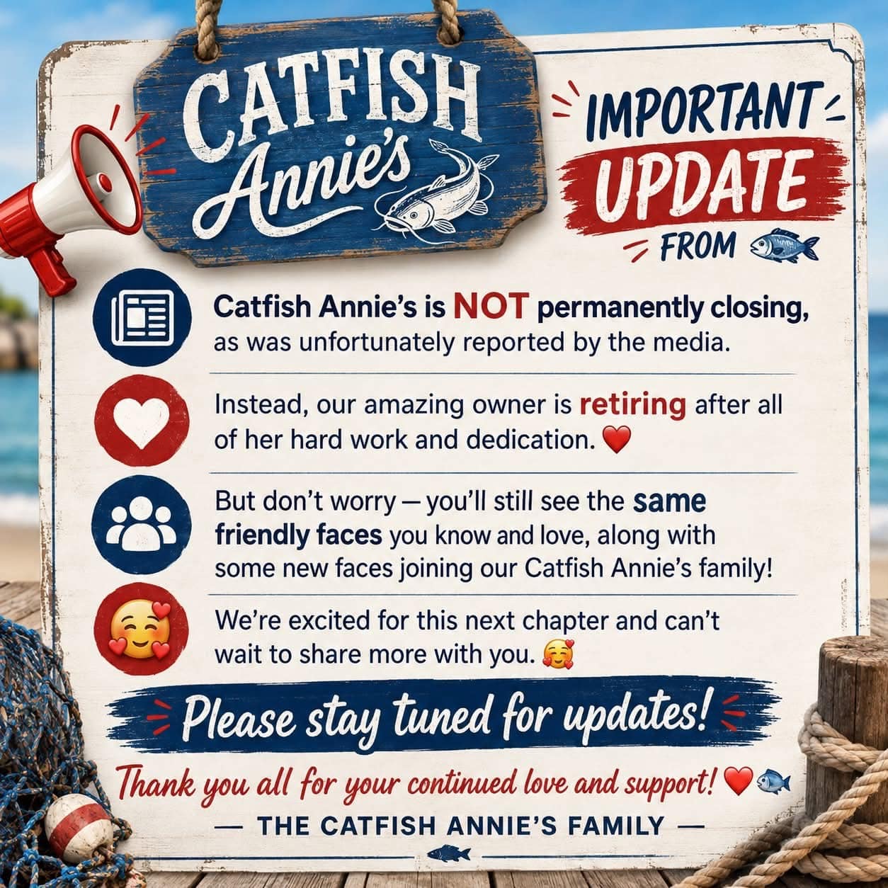 September 1, 2026 graphic announcing the Important Update from Catfish Annie's. Catfish Annie’s Isn’t Closing: Commack Favorite Begins a New Chapter