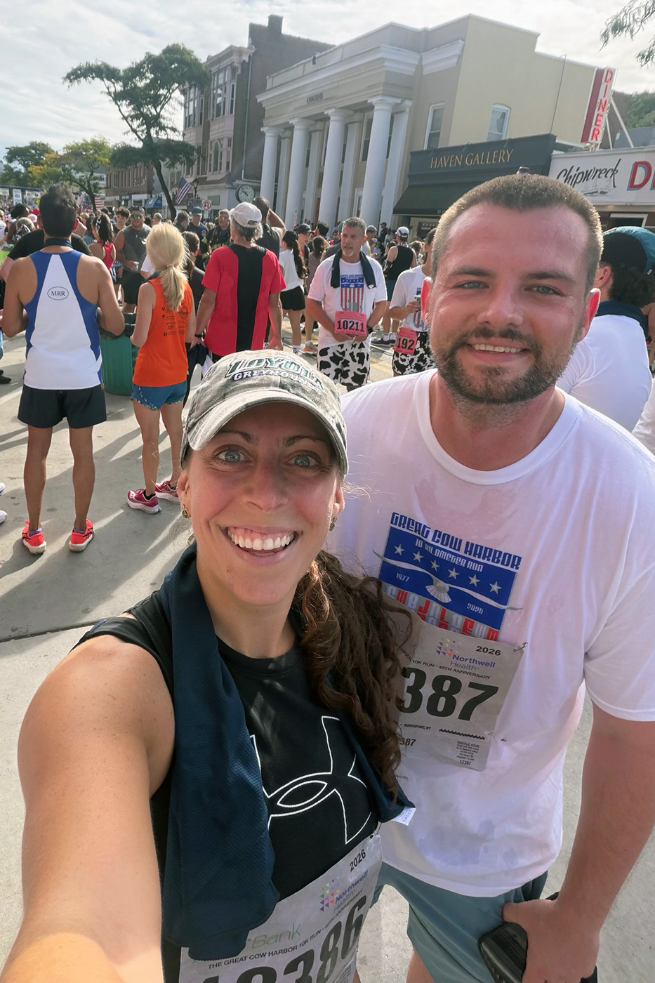 Katie and Tyler Cobe Celebrating At The Finish. Northport 2026 Great Cow Harbor 10K Run race