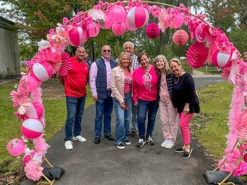 Kicking off the walk under the pink arch Candidate for NYS Assembly Dave Weber - Northport Trustee, Hon. Joshua Price, Breast Cancer Survivor Councilwoman Theresa Mari, Andre Sorrentino (checked shirt) - Huntington Superintendent of Highways, Michelle Wright - Councilwoman Mari's Legislative Aide, Councilwoman Jennifer Hebert and County Legislator Rebecca Sannin. Pink in the Park Brings Awareness, Hope and Support to Huntington